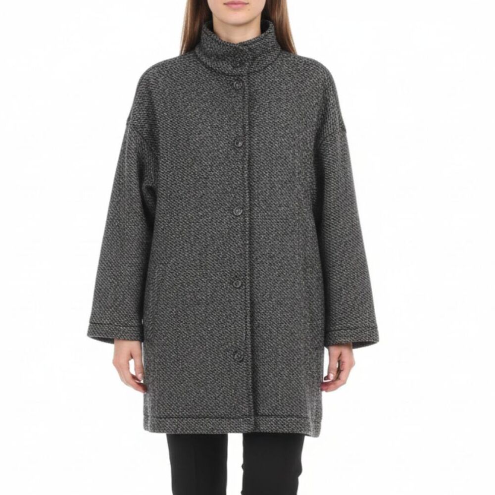 Eileen Fisher Gray & Black Knit Long Sleeve Snap Front Thigh Length Overcoat L